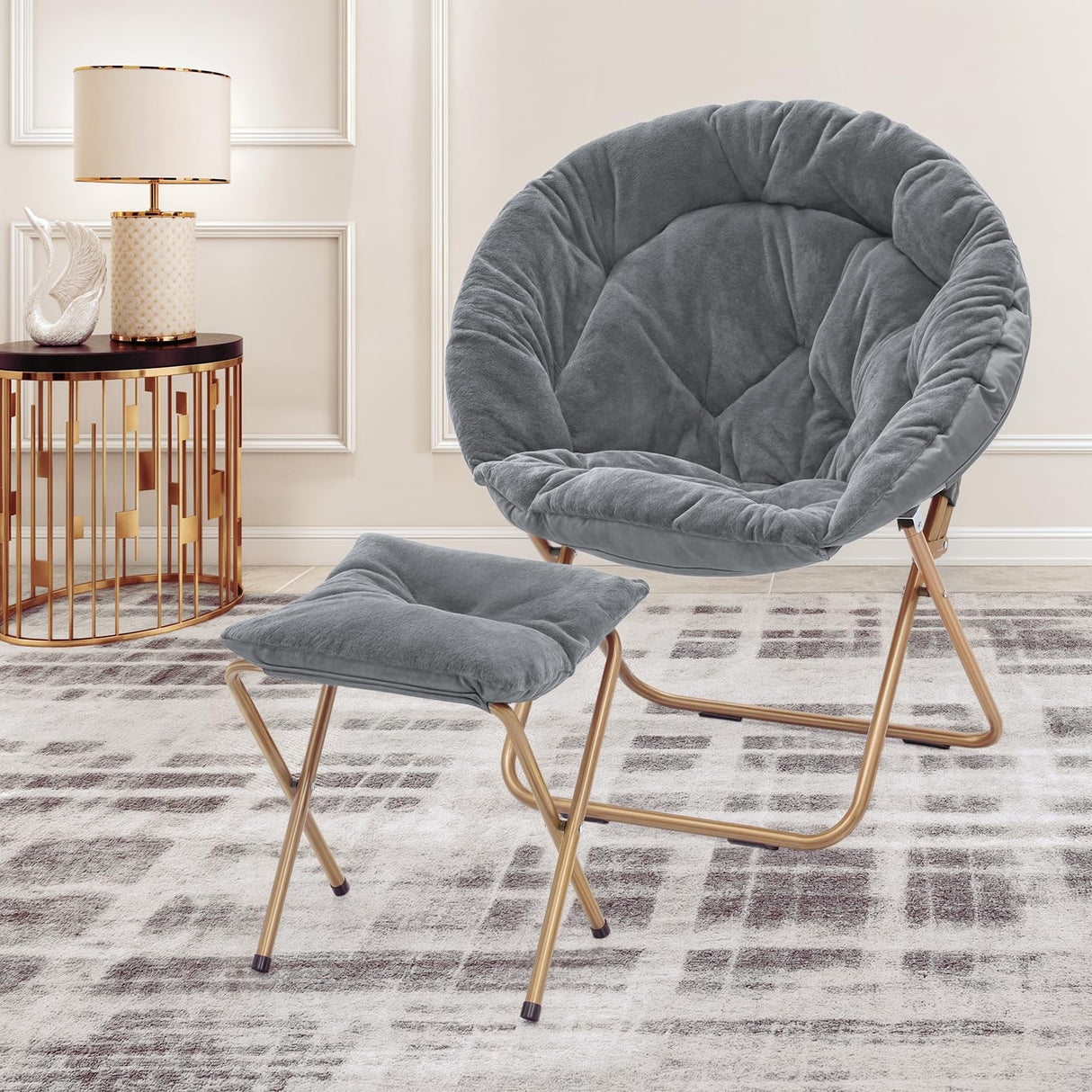 MoNiBloom Round Folding Faux Fur Saucer Chair for Bedroom Living Room Dorm Foldable Metal Frame Oversized Large Comfy Furry Padded Soft Cozy Moon Chair with Footrest Ottoman for Adults (Gray) MoNiBloom