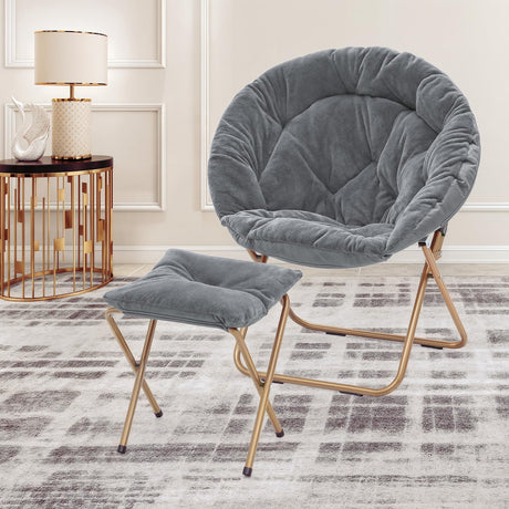 MoNiBloom Round Folding Faux Fur Saucer Chair for Bedroom Living Room Dorm Foldable Metal Frame Oversized Large Comfy Furry Padded Soft Cozy Moon Chair with Footrest Ottoman for Adults (Gray) MoNiBloom