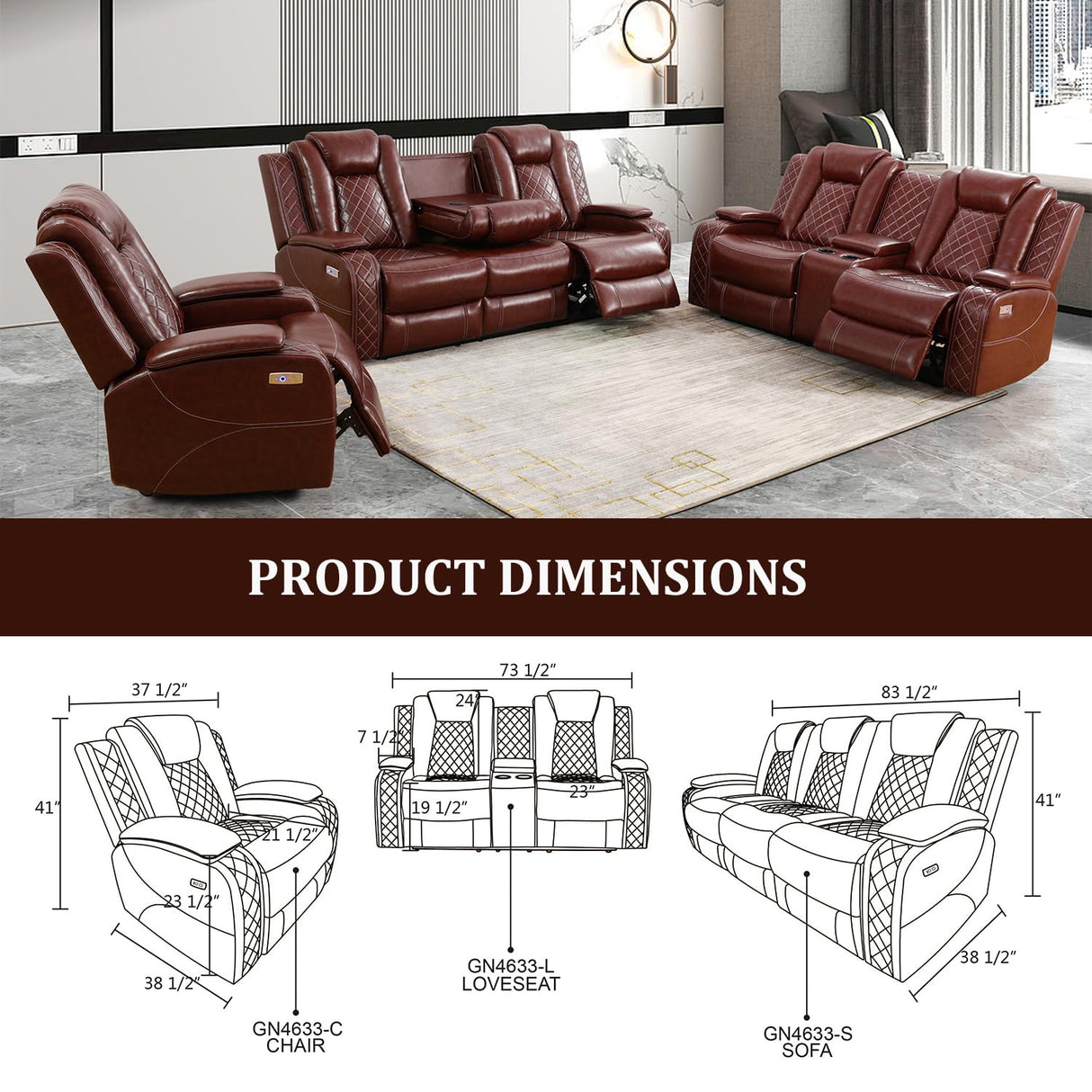 GEBADOL Power Recliner Sofa Set,Burgundy Leather Reclining Couch with USB Port/Cup Holders/Storage Console,Leather Sofas with Power Recliner for Living Room/Apartment/Office GEBADOL