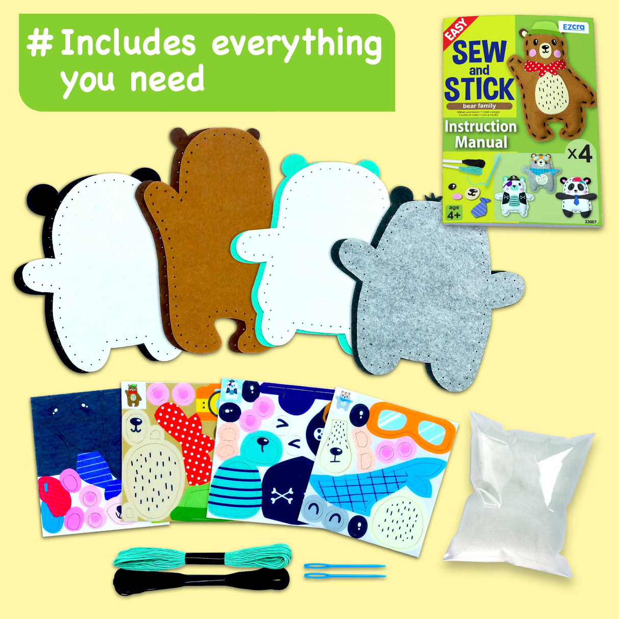 EZCRA Easy Arts and Crafts for Kids - No Mess Sewing Kit for Kids - 4 Easy to Do Bear Sewing Projects - Fun Felt Stickers - Tools with Instruction - Gifts for Boys and Girls Age 4,5,6,7,8 EZCRA