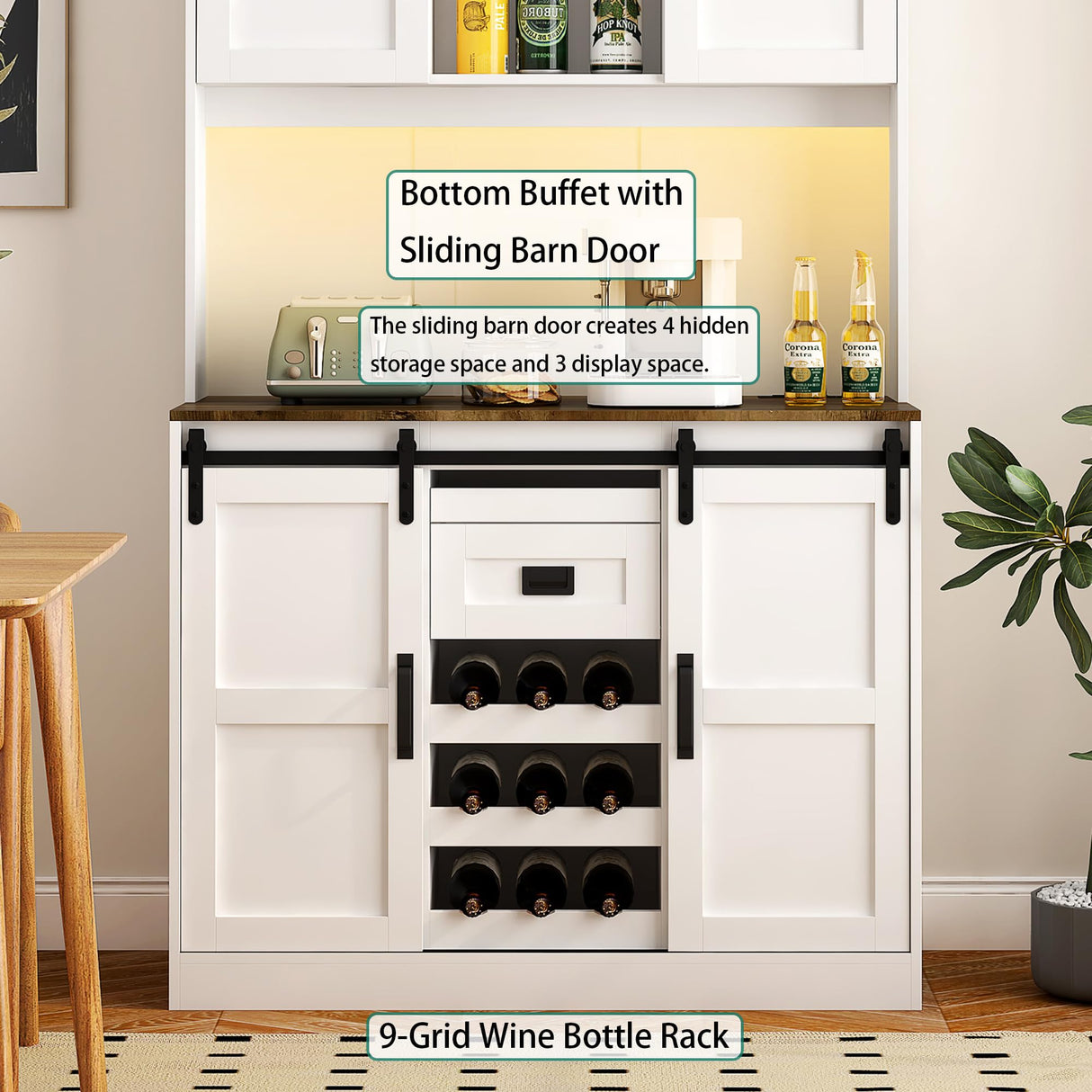 LPdorbe Farmhouse Hutch Buffet Cabinet with Storage Drawer,72" Tall Kitchen w/Wine Rack,LED Lights,Power Outlets,Barn Door,Home Bar Sideboard for Dining Living Room (White, 72 Inches) LPdorbe