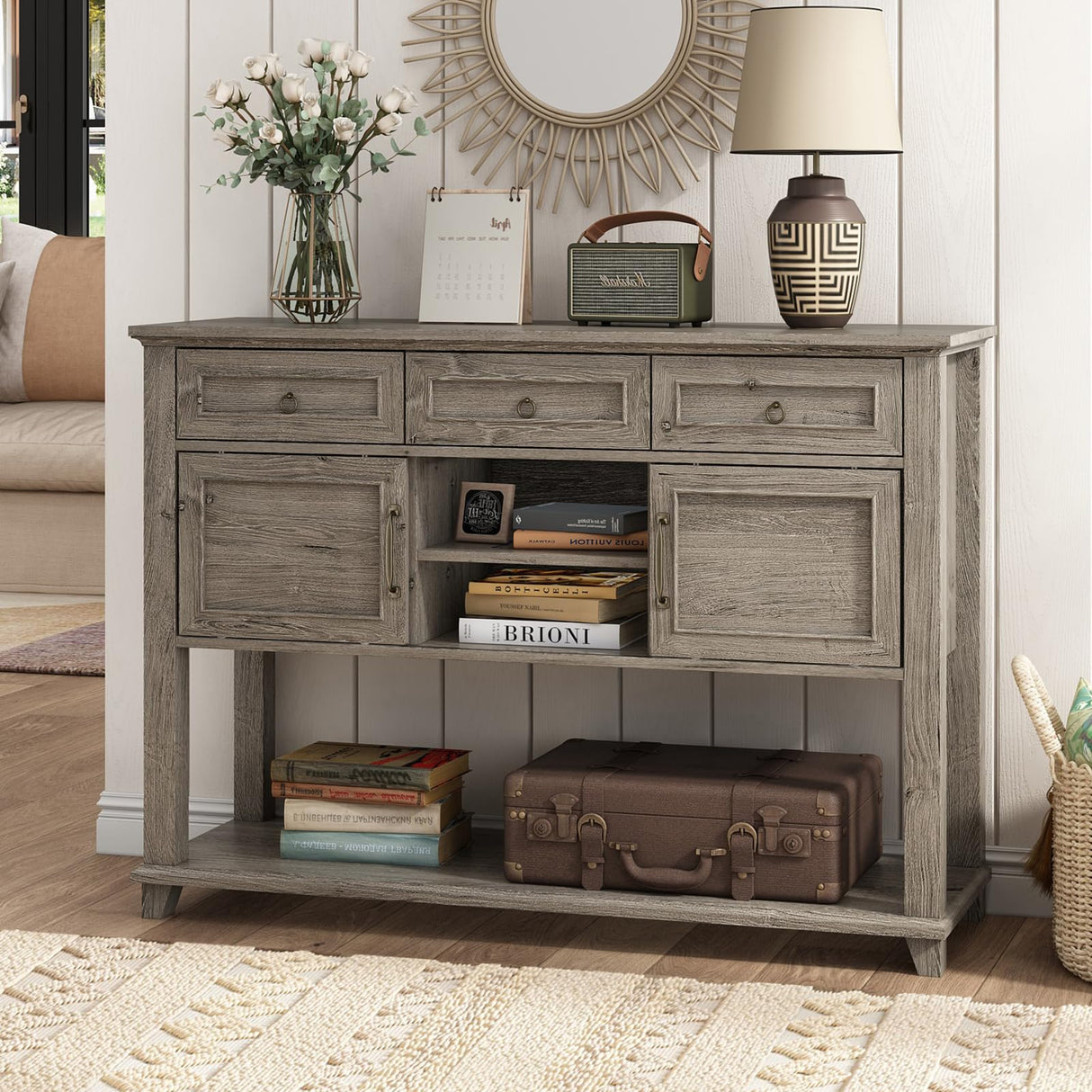 Vabches Farmhouse Entryway Table with Storage, 47" Modern Console Table with Sliding Barn Door & Drawers, Wood Rustic Sofa Table for Living Room, Entryway, Hallway, Washed Grey Vabches