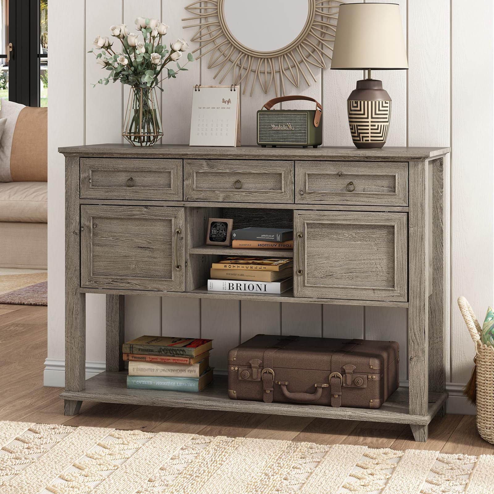 Vabches Farmhouse Entryway Table with Storage, 47" Modern Console Table with Sliding Barn Door & Drawers, Wood Rustic Sofa Table for Living Room, Entryway, Hallway, Washed Grey - WoodArtSupply