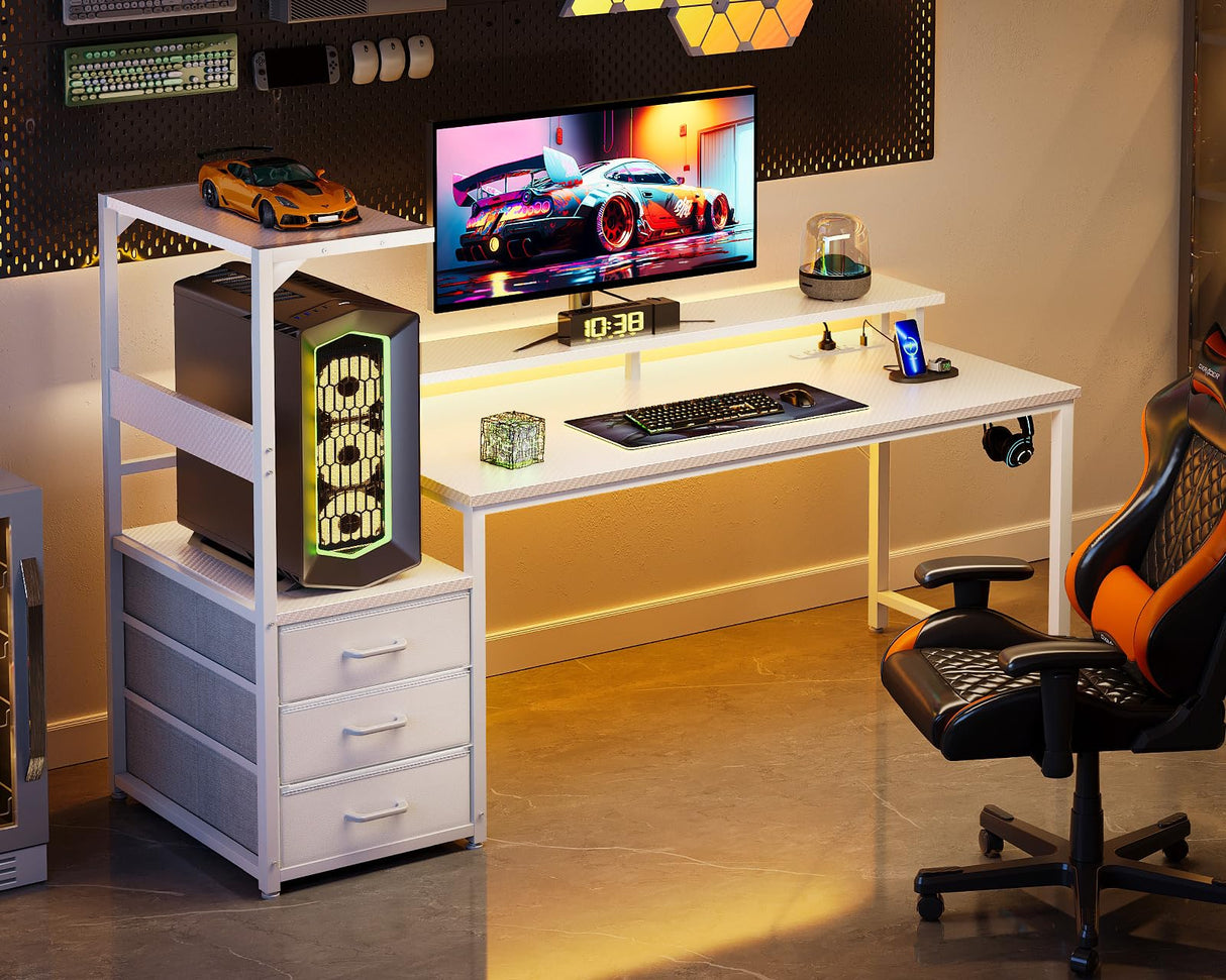 Casaottima 59 Inch Gaming Desk with USB Charging Ports & LED Light - Reversible Computer Desk with 3 Fabric Drawers, Monitor Stand, CPU Stand, and Side Hook, Modern Office Desk, White Casaottima