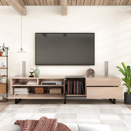 Virubi Modern TV Stand with 3 Cabinets & Open Shelves, Minimalist Wooden Entertainment Center for TVs Up to 80”, Sturdy TV Console for Living Room Bedroom Decor (Wood) Virubi