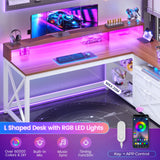 SEDETA Farmhouse L Shaped Desk, 55" Home Office Desk with Drawers and Storage Shelves, L Shaped Gaming Desk with LED Lights, Power Outlet and Monitor Shelf, Brown SEDETA