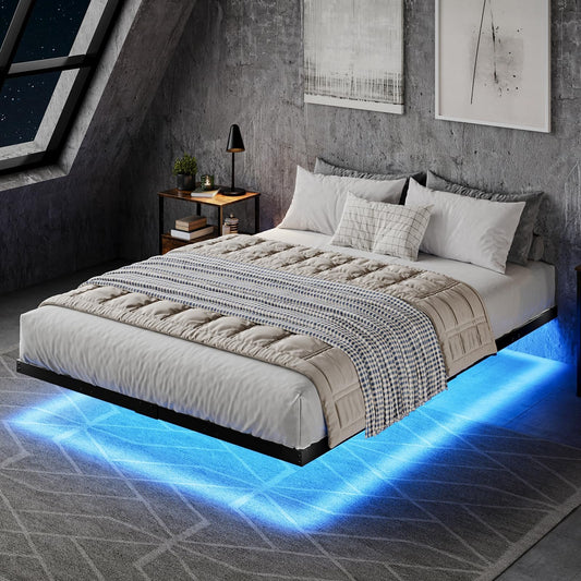 HOMBCK LED Floating Bed Frame - Full Size Metal Platform with Under Bed Storage and Heavy Duty Support - WoodArtSupply