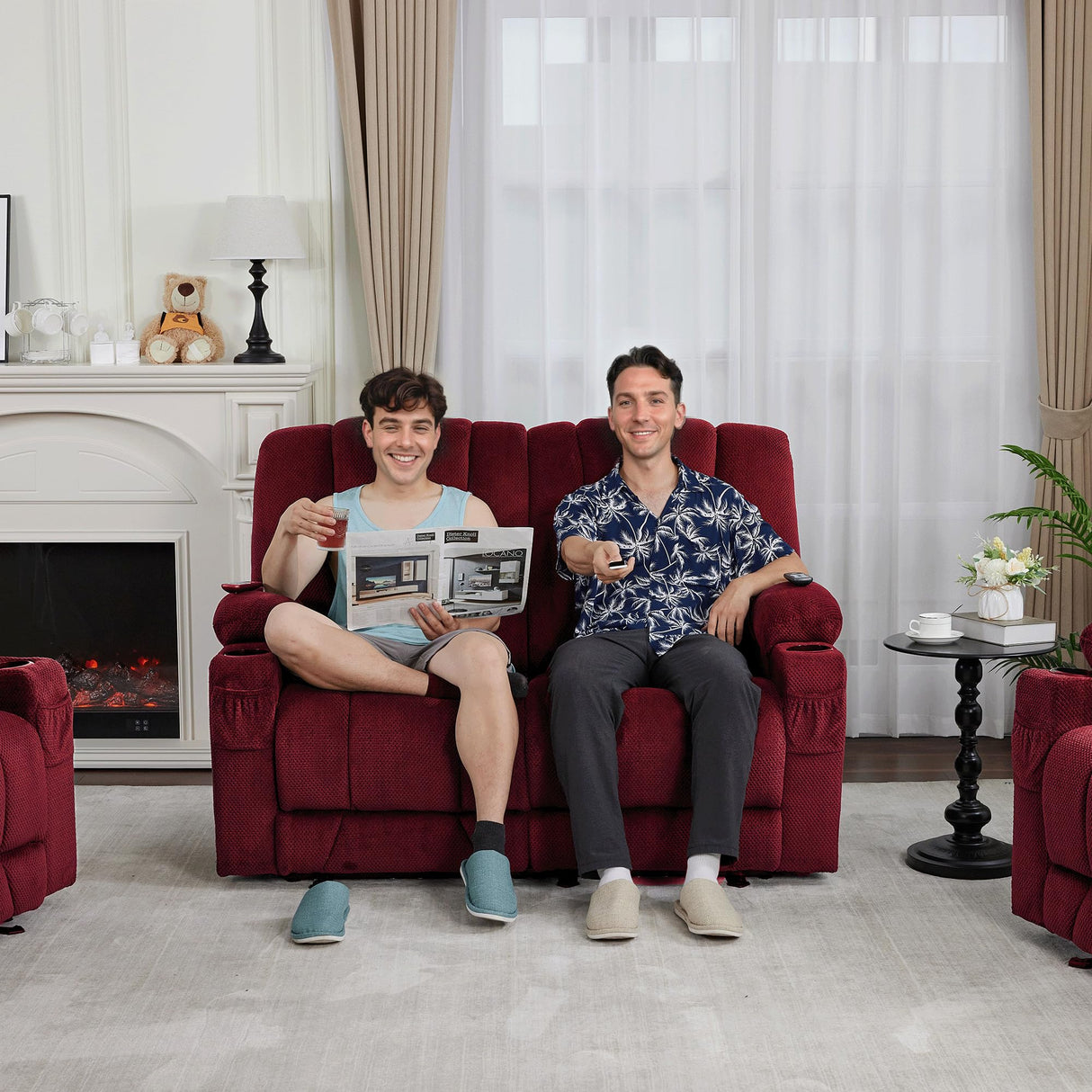 MCombo 57.8" Zero Gravity Power Loveseat Recliner with Heat and Vibration Massage, Reclining Loveseat Sofa with USB Ports, Cup Holders for Living Room, Fabric 6035SET (Burgundy) MCombo