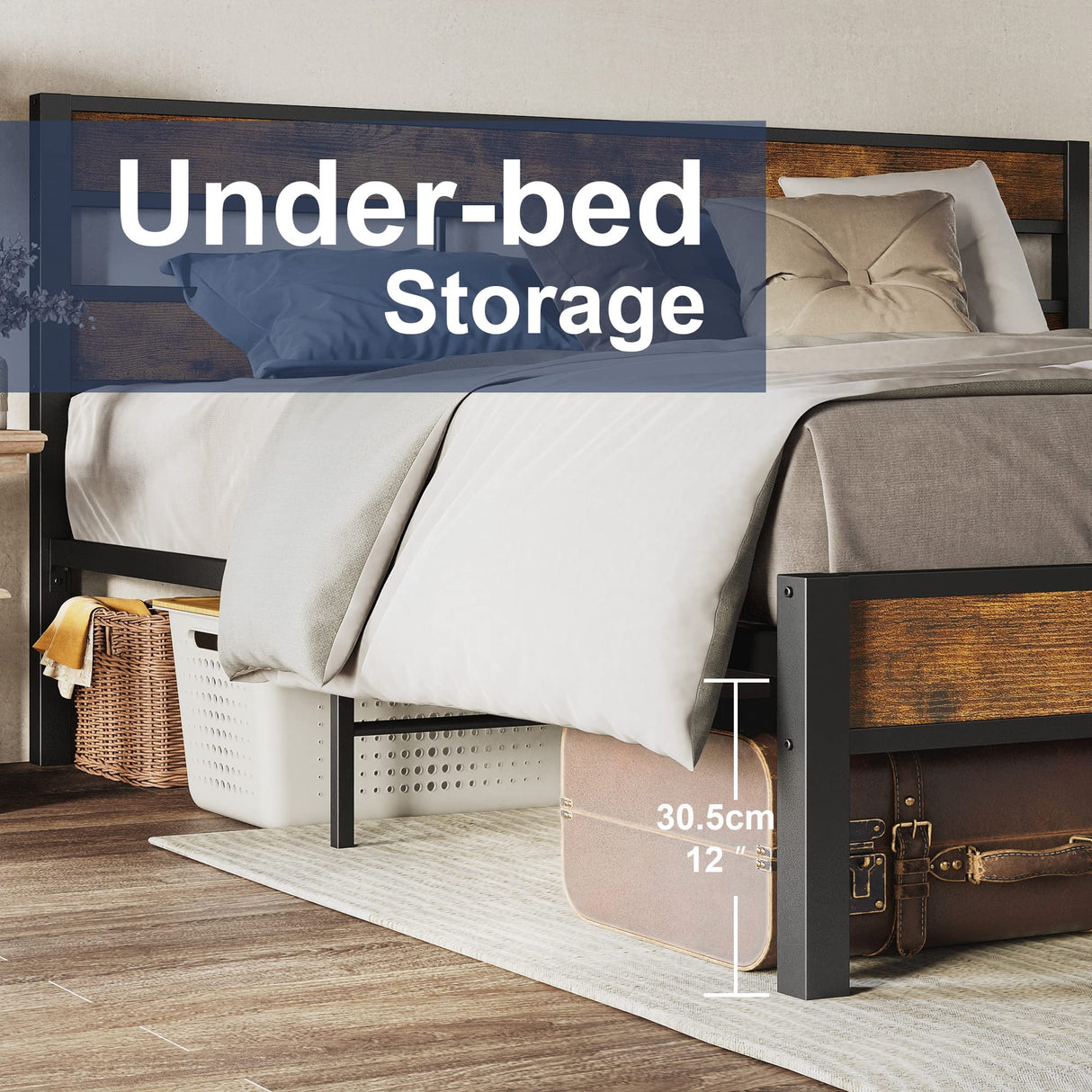 LIKIMIO King Bed Frame and Headboard, Easy Assembly, Noise-Free, No Box Spring Needed, Heavy Strong Metal Support Frames, Vintage Brown LIKIMIO