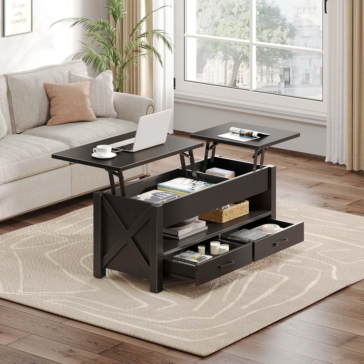 Seventable Coffee Table, 47.2" Lift Top Coffee Table with 2 Storage Drawers and Hidden Compartment, X Wood Farmhouse Support, Retro Center Table with Lift Tabletop for Living Room,Black