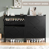 Nicetree Shoe Storage Cabinet with 2 Flip Drawers, Freestanding Shoe Organizer, Shoe Cabinet with Metal Legs, Narrow Shoe Rack Cabinet, Farmhouse Slim Shoe Cabinet for Entryway, Foyer, Hallway, Black Nicetree