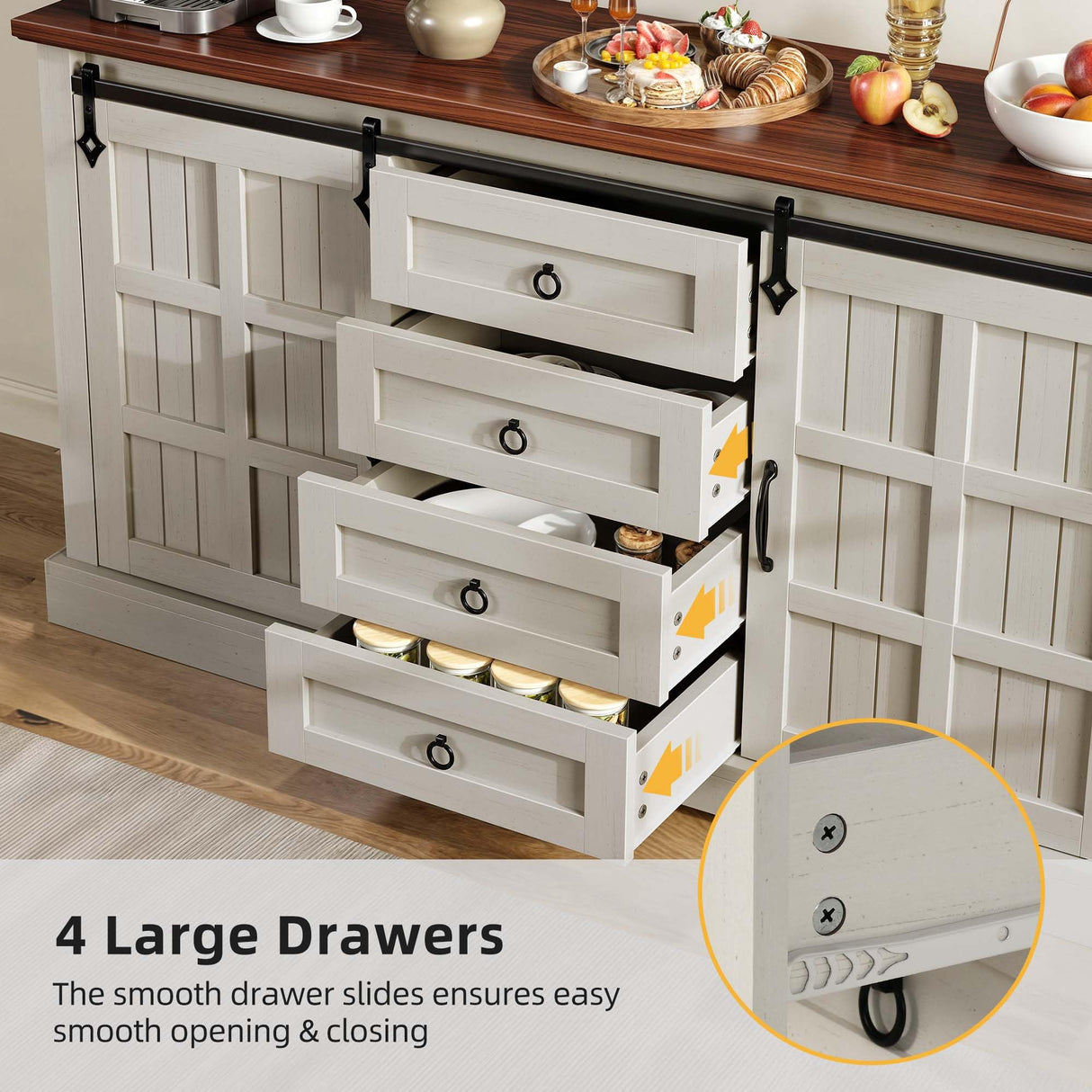 DWVO Farmhouse Sideboard Buffet Cabinet with Storage, Large Kitchen Cabinet w/Sliding Barn Doors and 4 Drawers, for Dining Room, White DWVO