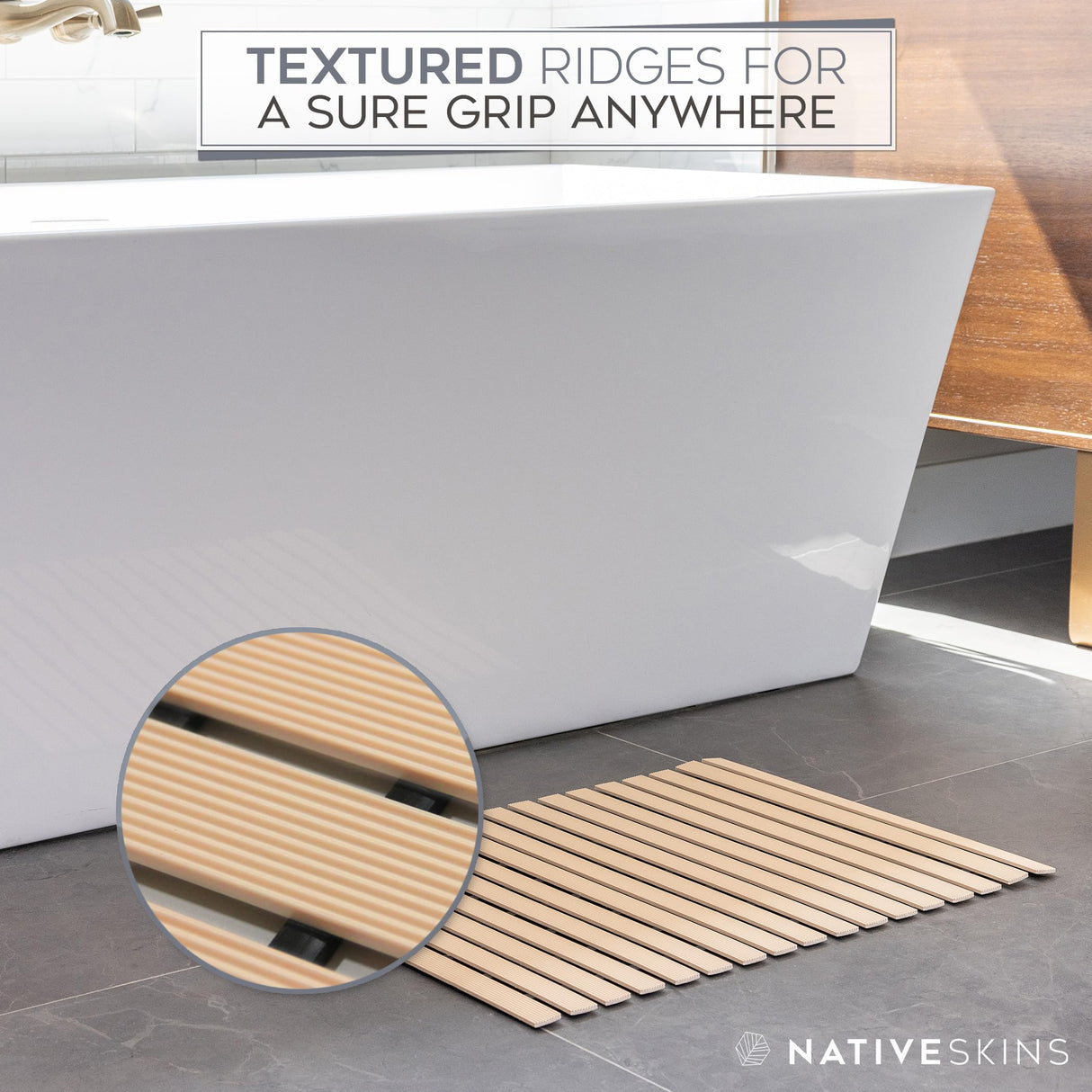 NativeSkins Faux Bamboo Bath Mat, Non-Slip Safety Lining, Bamboo Shower Mat, Waterproof, Quick-Drying, Mat for Spa, Sauna, Bamboo Mat, Teak Bath mat - Large 16.9 x 30.7 in NativeSkins