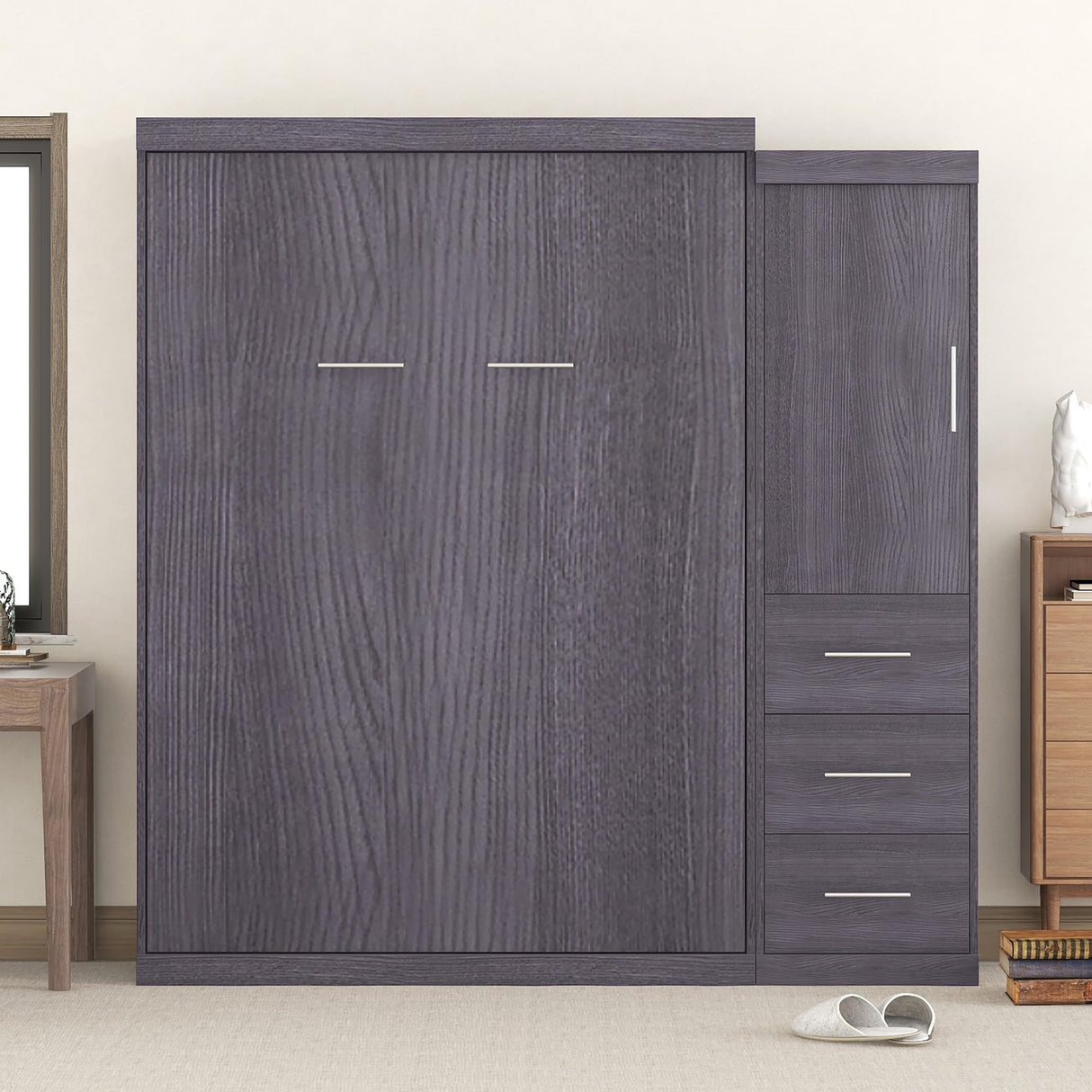 SOFTSEA Full Size Murphy Bed with Wardrobe, Farmhouse Wall Bed Frame with Storage Drawers, Can be Folded into a Cabinet, No Box Spring Needed, Grey SOFTSEA