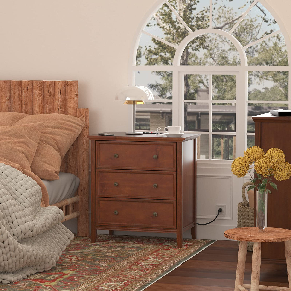 IKENO Nightstand with 3 Drawers and Charging Station, Solid Wood Nightstand Organizer for Bedroom IKENO