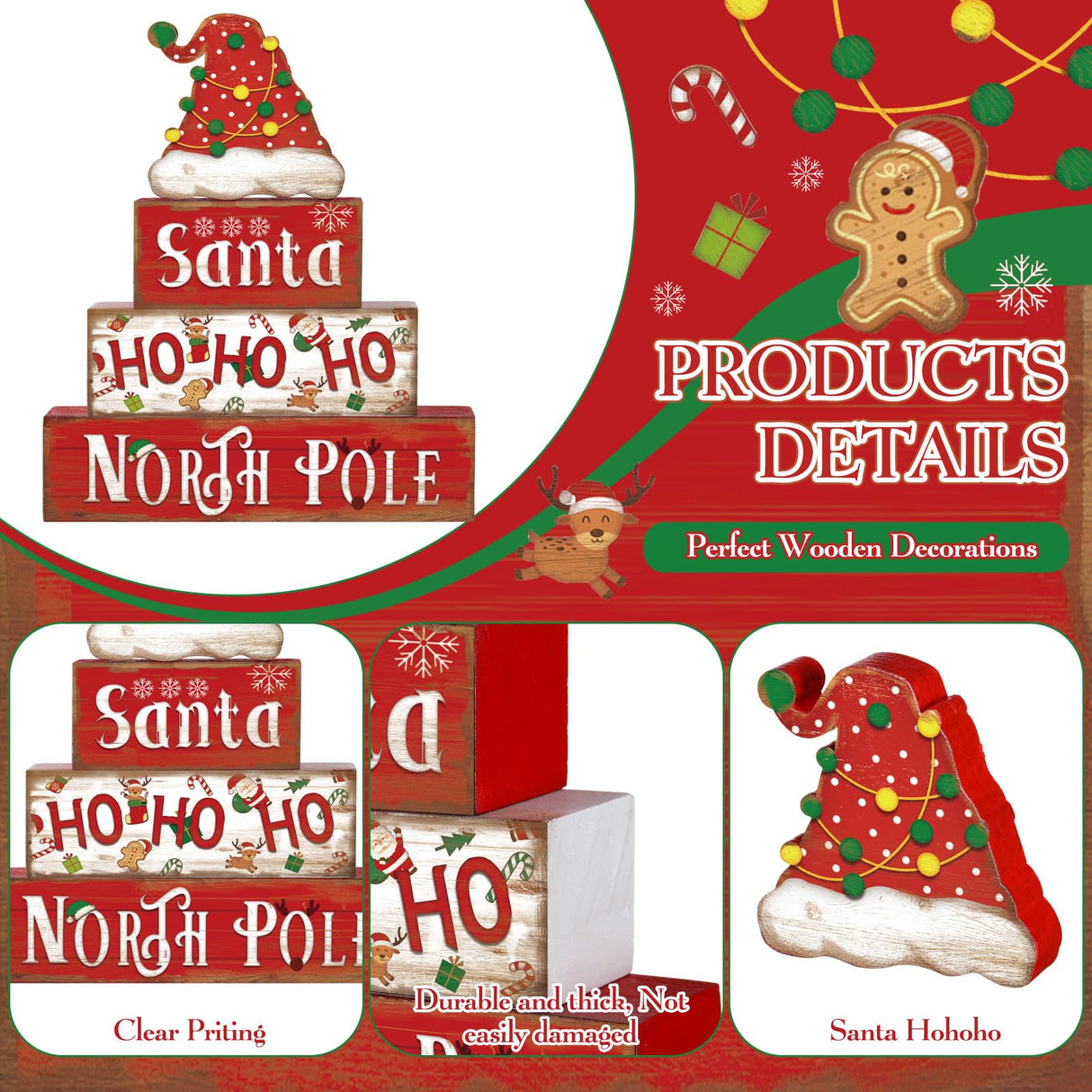 Moucuny 4 Pcs Christmas Table Decorative Signage Santa Hat Ho Ho Ho Wooden Blocks Christmas Tabletop Decor Wooden Block Sign Tiered Tray Decor Christmas Centerpieces Table Decor for Christmas Home Moucuny