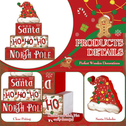 Moucuny 4 Pcs Christmas Table Decorative Signage Santa Hat Ho Ho Ho Wooden Blocks Christmas Tabletop Decor Wooden Block Sign Tiered Tray Decor Christmas Centerpieces Table Decor for Christmas Home