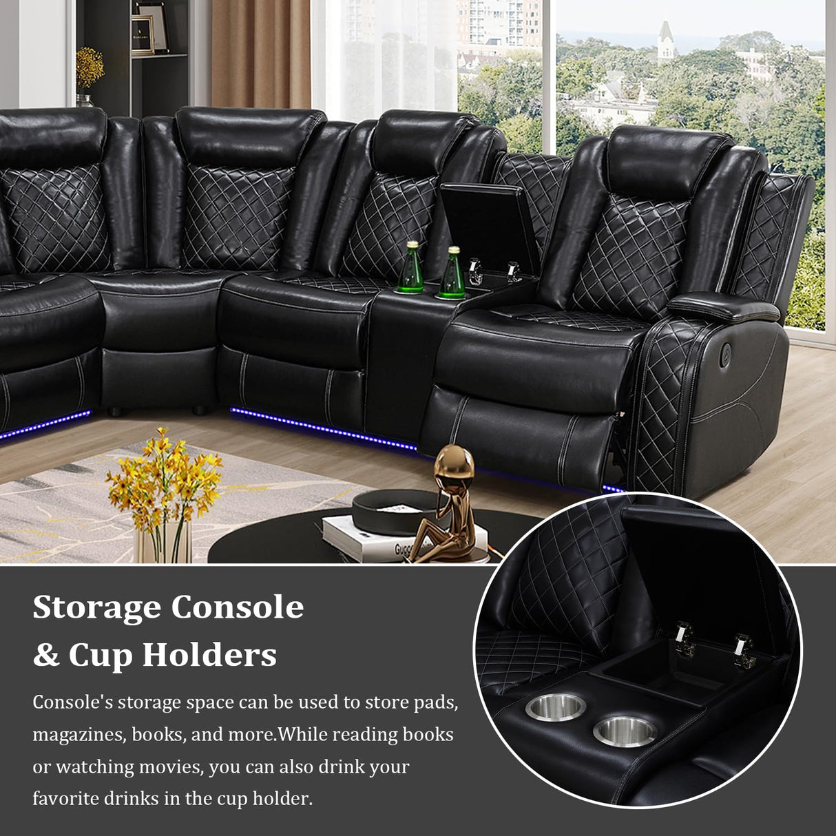 SIENWIEY Power Reclinier Sectional Sofa,Black Leather Reclining Sectional Modular Sofa,L Shaped Leather Couch with LED Lights/USB Charger/Cup Holders/Storage Console/Storage Armrest/Coffee Table(L) SIENWIEY