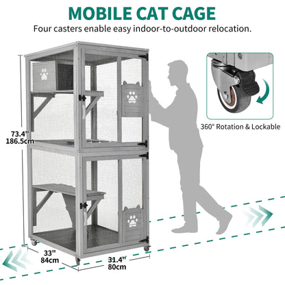 YITAHOME Cat House 70.9" Catio Outdoor Cat Enclosure on Wheels Wooden Cat Cage with Cat Space Capsule Bed and Cat Scratcher Ramp, Cat Patio Waterproof Roof(Grey)