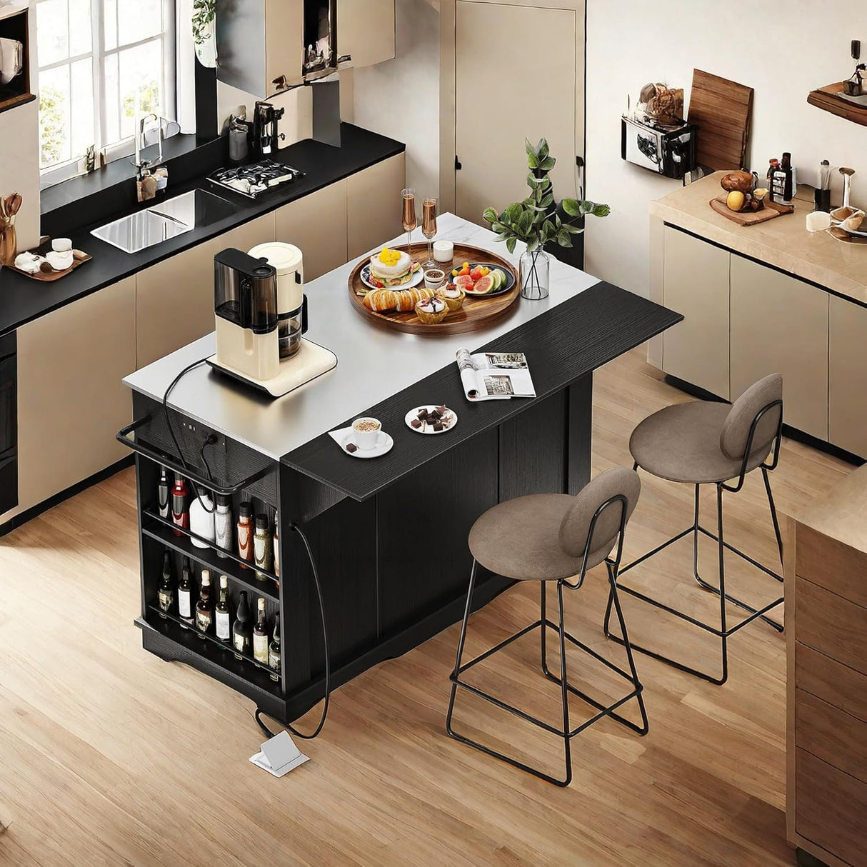 DWVO Kitchen Island w Stainless Steel Top Drop Leaf Bar Seating Power Outlet, 60" Large Rolling Mobile Center Islands w Folding Dropleaf Storage Drawer Cabinet Wheel Counter Height Metal Top, Black DWVO