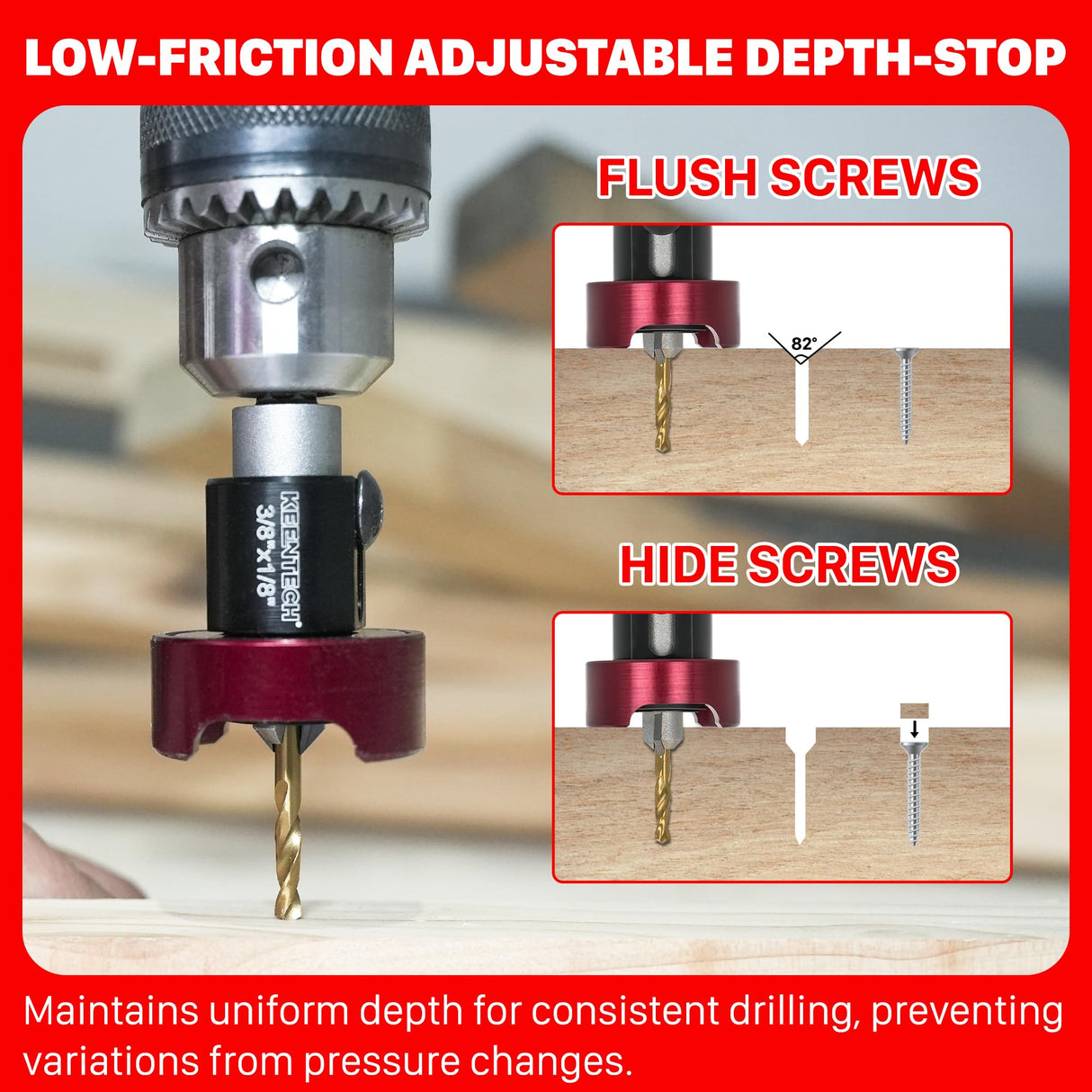 KEENTECH Carbide Tipped 82° Countersink Drill Bit with Depth Stop, 3/8" Dia x 1/8" Drill Diameter x 1/4" Shank, Adjustable Depth Stop with Ball Bearing for High Fine Finish on Softwood and Hardwood KEENTECH