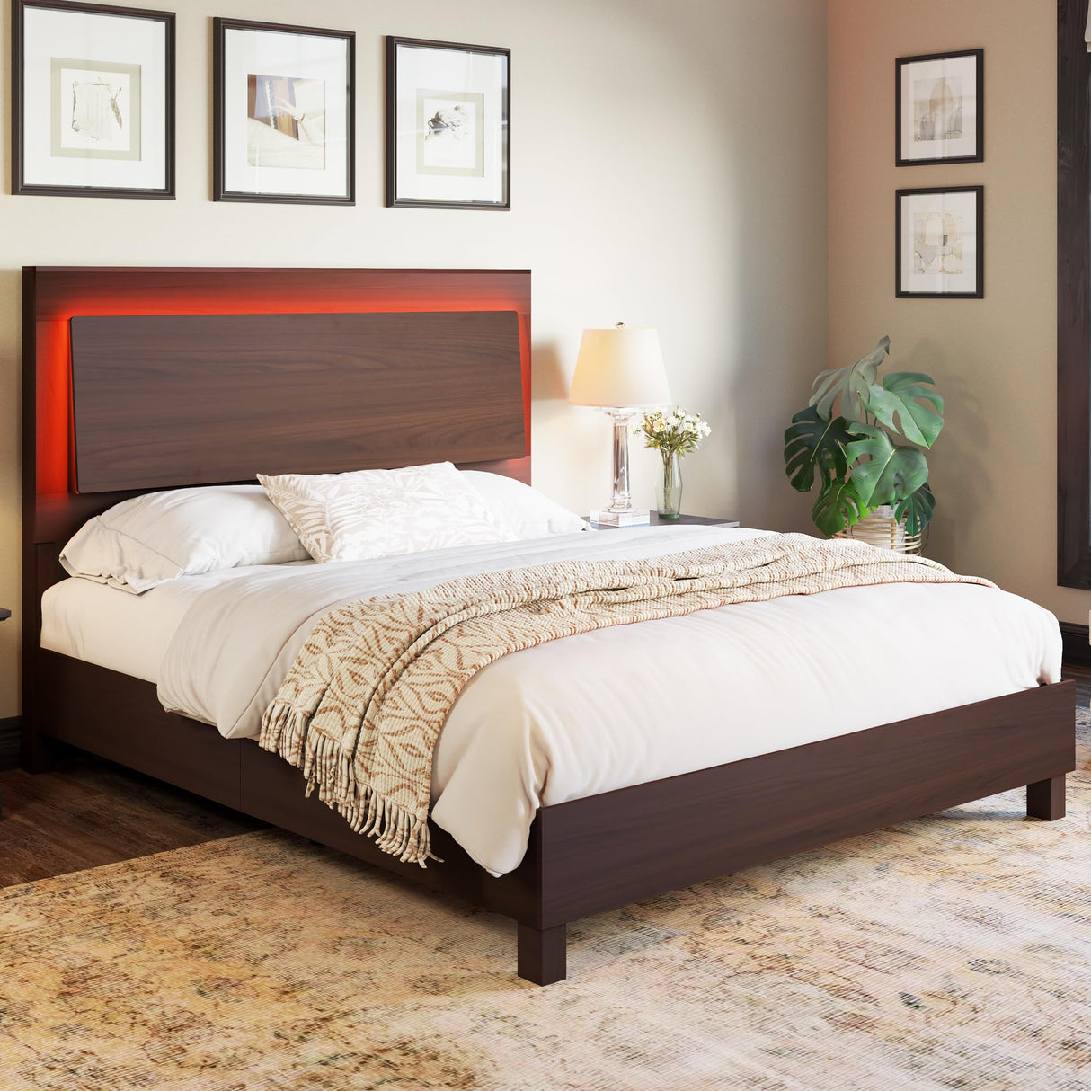AMERLIFE Rustic Wood Full Bed Frame with LED Headboard and Supportive Slats, Red Brown AMERLIFE