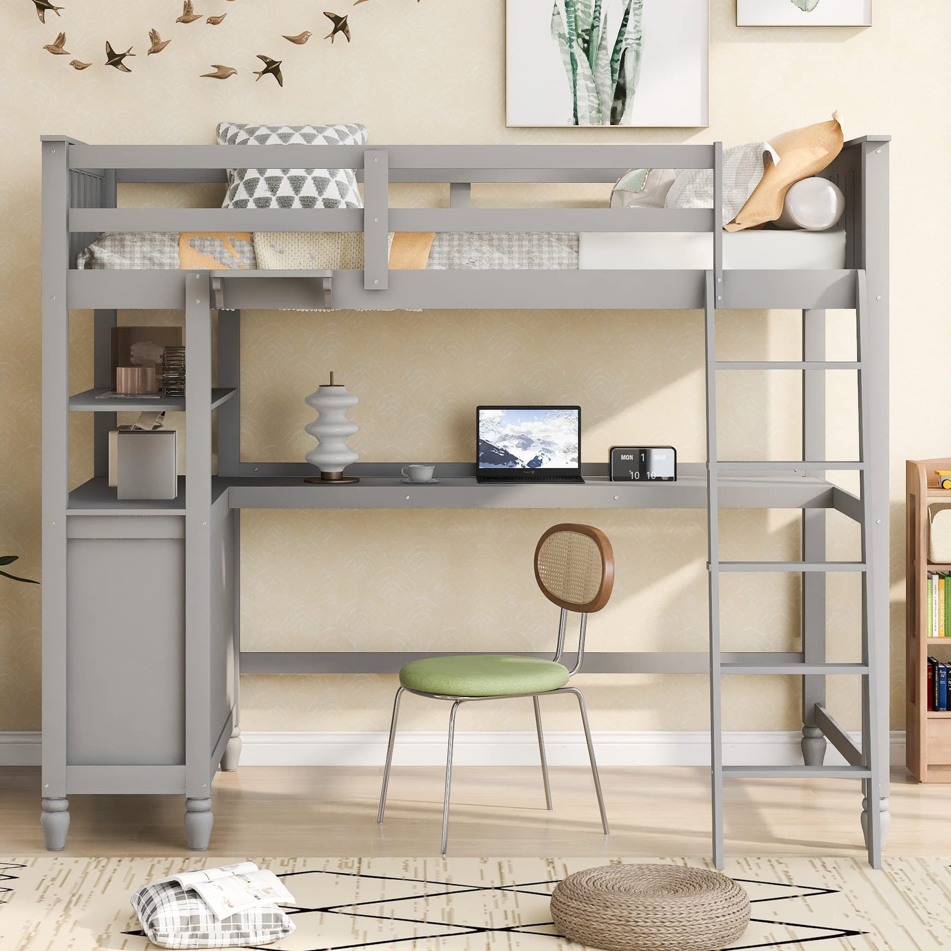 Bellemave Grey Loft Bed with Desk and Storage for Kids and Teens - WoodArtSupply