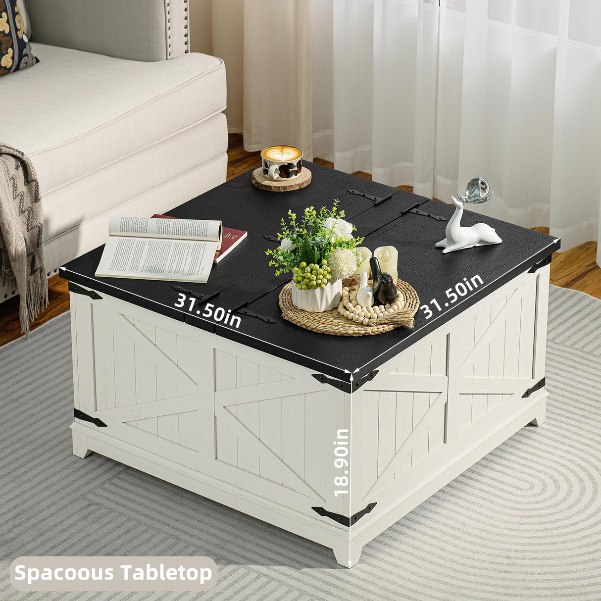 Joaxswe Farmhouse Coffee Table with Hidden Storage Compartment, Antique Black & White Square Large Center Table for Living Room, Wood Rustic Wide Coffee Tables with Hinged Lifting Tabletop for Home Joaxswe