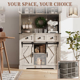 72" Farmhouse Bar Cabinet with Sliding Barn Door, Tall Kitchen Buffet with Storage Hutch and 3 Drawer, Rustic Coffee Wine Bar Sideboard with Wine & Glasses Rack, for Living Room, Washed Grey GarveeHome