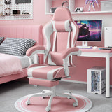 Shahoo Gaming Chair with Footrest and Massage Lumbar Support, Video Racing Seat Height Adjustable with 360°Swivel and Headrest for Office or Bedroom, Pink Shahoo