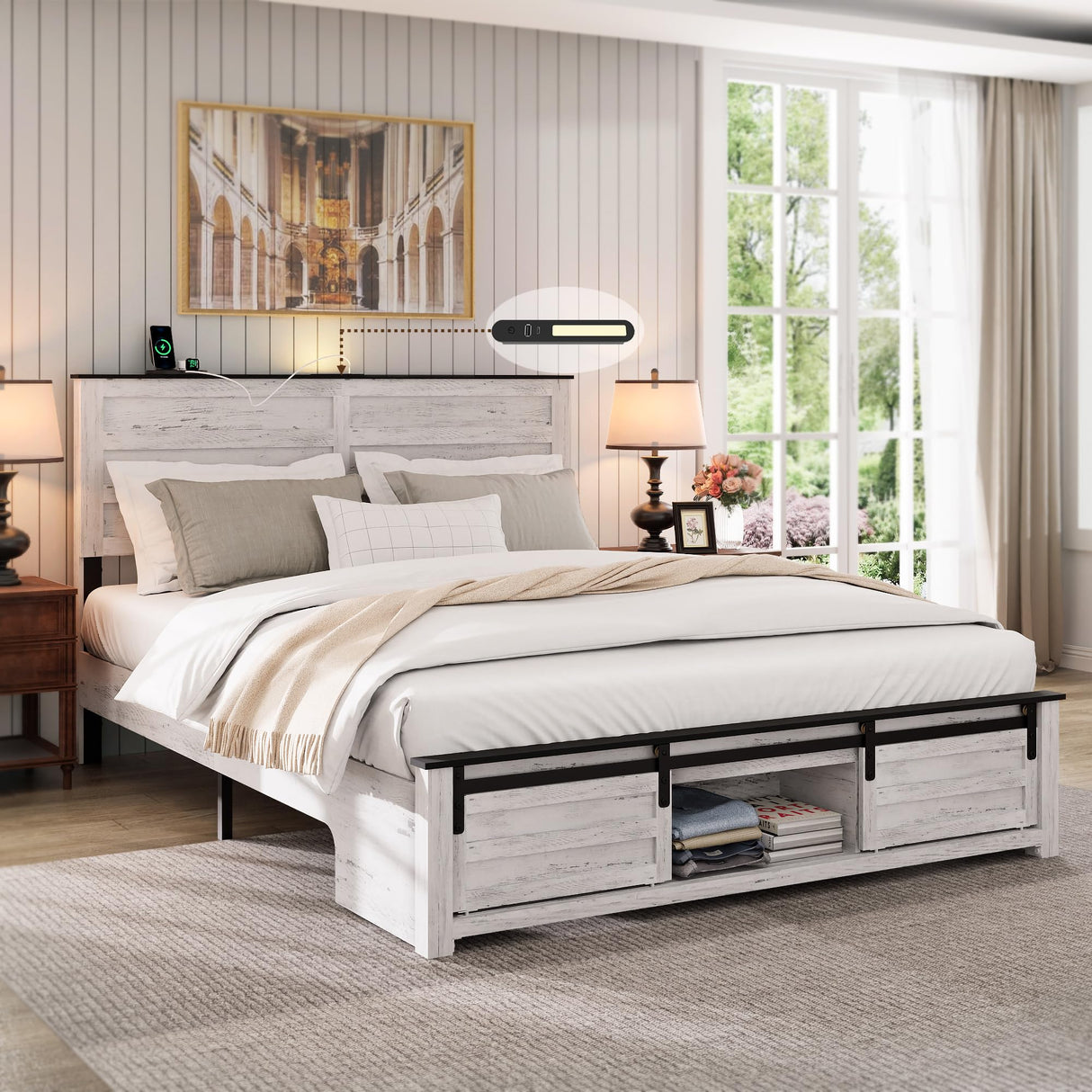 WQQUT Full Size Farmhouse Bed Frame with Sliding Barn Door Storage Cabinets, Charging Station & LED Lights, Wood Platform Bed Frame with Solid Wood Slats, Noiseless, No Box Spring Needed WQQUT