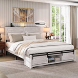WQQUT Full Size Farmhouse Bed Frame with Sliding Barn Door Storage Cabinets, Charging Station & LED Lights, Wood Platform Bed Frame with Solid Wood Slats, Noiseless, No Box Spring Needed WQQUT