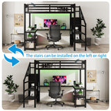 Full Size Loft Bed with Desk and Stairs,Metal Loft Bed Full with Wardrobe and Shelf, High Loft Bed with LED Light and USB for Kids, Teens, Junior, Adults,Black MoproBeti