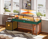 AODK 71 Inch Rustic Brown Office Desk with File Drawers, Power Outlet & LED Lighting AODK