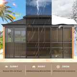 EROMMY 12'*16' Sunroom, with Front Door, Side Entrance, Galvanized Steel Double Top, Wood Grain Appearance, Aluminum Alloy Frame, Solarium Backyard Sun Room EROMMY