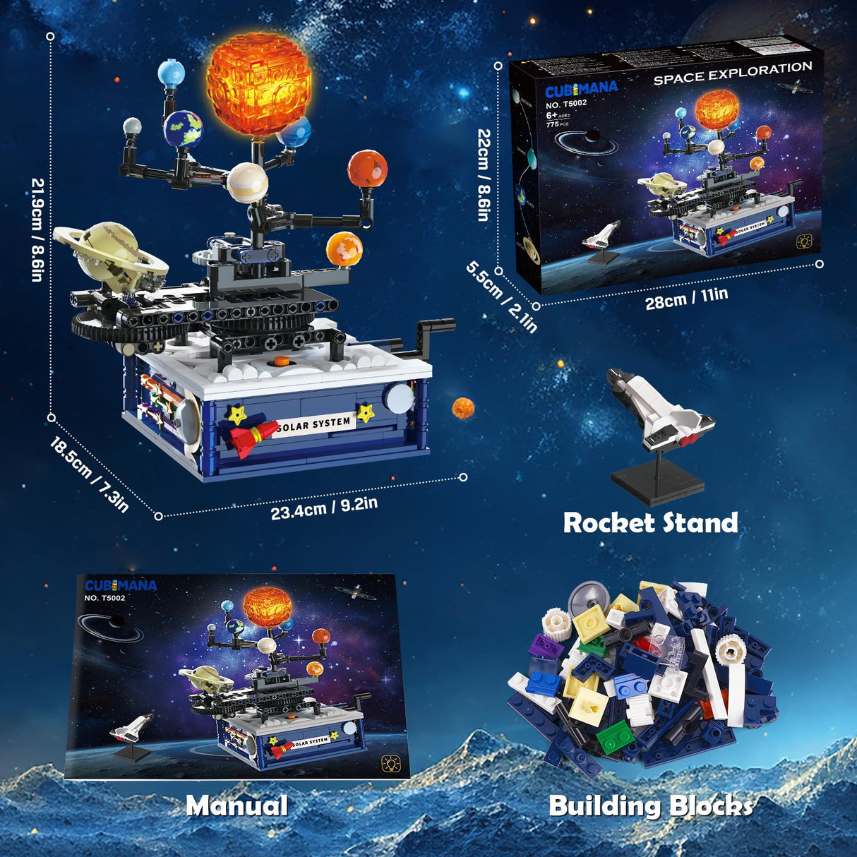 Solar System Building Sets with Light - Rotatable Space Exploration Building Toys with 9 Planets & Rocket Sets Science Astronomy Educational Gifts for Boys Girls Age 6+ Years Old Kids(775 PCS) CUBIMANA
