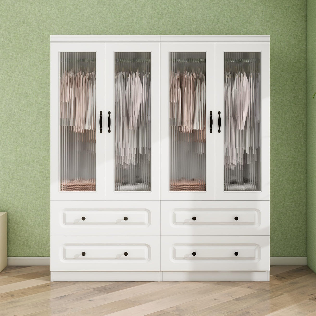 GraceGrove Armoire Wardrobe Closet with 4 Glass Doors and 4 Drawers, Closet Cabinet with and Hanging Rods and Storage, Wood Wardrobe for Bedroom, Tall Armoires and Wardrobes White GraceGrove