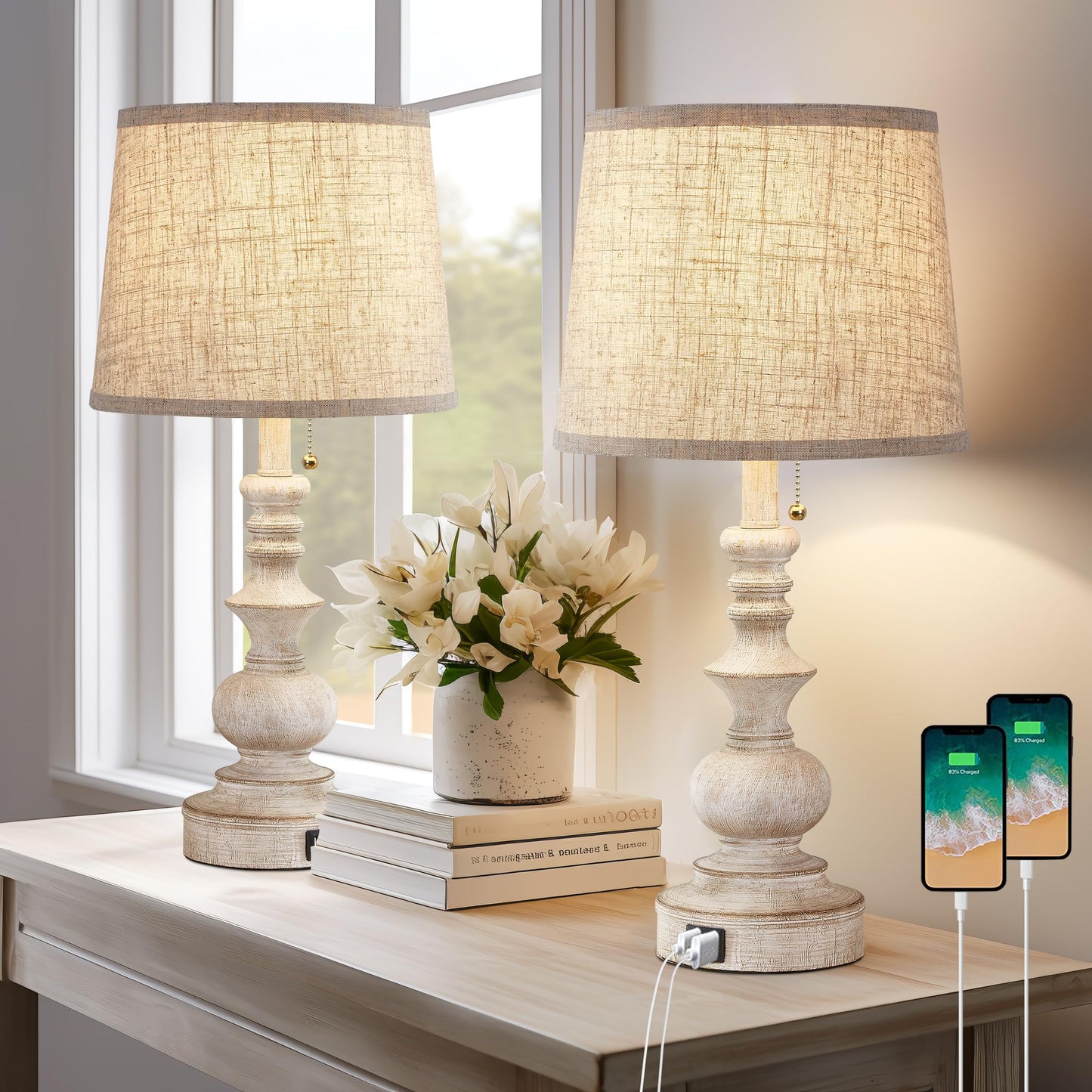 Drawealth Table Lamps for Bedrooms Set of 2 Farmhouse Bedside Lamps for Nightstand with USB Charging Ports Traditional Side Table Lamps for Living - WoodArtSupply