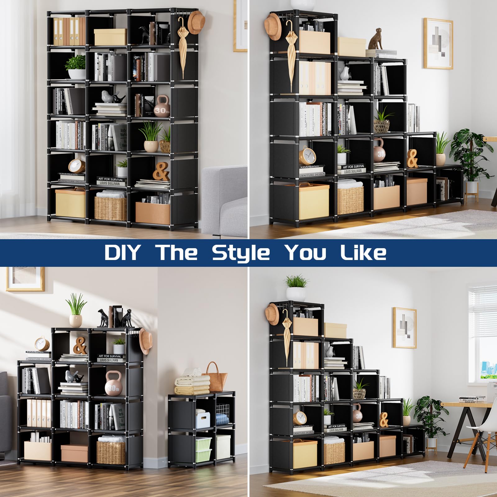 Mavivegue 18-Cube Extra Large Storage Organizer - Versatile Black Bookshelf for Home and Office - WoodArtSupply