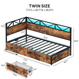 LIKIMIO Twin Daybed with Storage Drawers and Charging Station, Corner Bed Frames with Headboard and LED Lights, Industrial Brown LIKIMIO