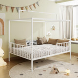 Klwenas Maec White Montessori Floor Bed Frame Full Size, 3-in-1 Convertible Metal Canopy Bed Frame with Fence & Sturdy Metal Slats Support for Boys Girls Bedroom,Easy Assembly (White, Full) Klwenas Maec