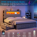 Jocoevol Queen Upholstered LED Bed Frame with 2 Storage Drawers and 2-Tier Storage Headboard, Velvet Platform Bed with Charging Station & Bookcase, Corner Bed Frame, Heavy Duty Metal Support, Grey Jocoevol