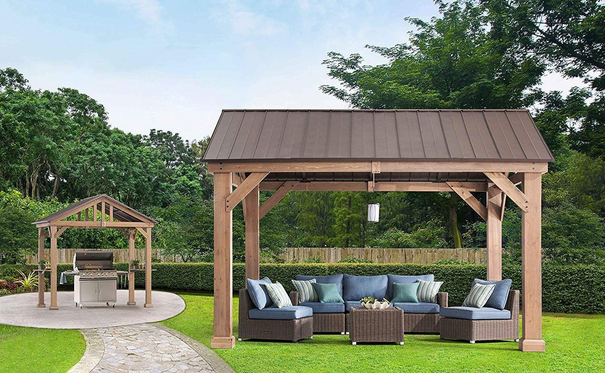 Coen L-GZ1171PWD-B Hudson Cedar Wood Pavilion with Hardtop, Gazebo, 14'x12', Natural/Brown Sunjoy