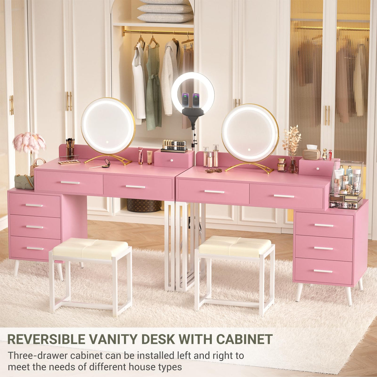 Pink Vanity Desk with Mirror and Lights, Modern Makeup Vanity Table Set with 6 Storage Drawers and Cushioned Stool for Bedroom, Dressing Table with Divided Organizers for Women Girls, Pink armocity