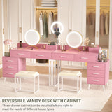 Pink Vanity Desk with Mirror and Lights, Modern Makeup Vanity Table Set with 6 Storage Drawers and Cushioned Stool for Bedroom, Dressing Table with Divided Organizers for Women Girls, Pink armocity