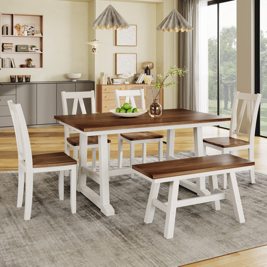 CKLMMC Farmhouse Style Wood Dining Table Set, 6-Piece Kitchen Table Set with Long Bench and 4 Dining Chairs,Designed for A Large Family (Walnut+WhiteN*)