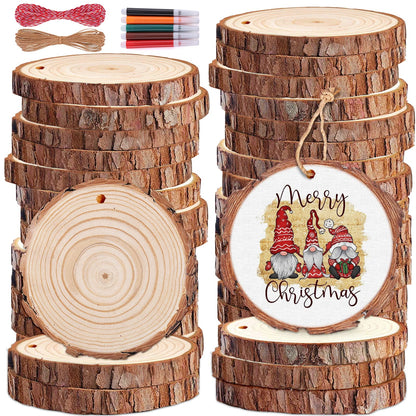 Wood Slices 32 Pcs 2.8-3.1 Inch, Natural Unfinished Wood Rounds Slice Ornaments, Round Craft Wood Kit Predrilled Wood Circles for DIY Crafts Christmas Wedding Centerpieces Wooden Coasters Burning