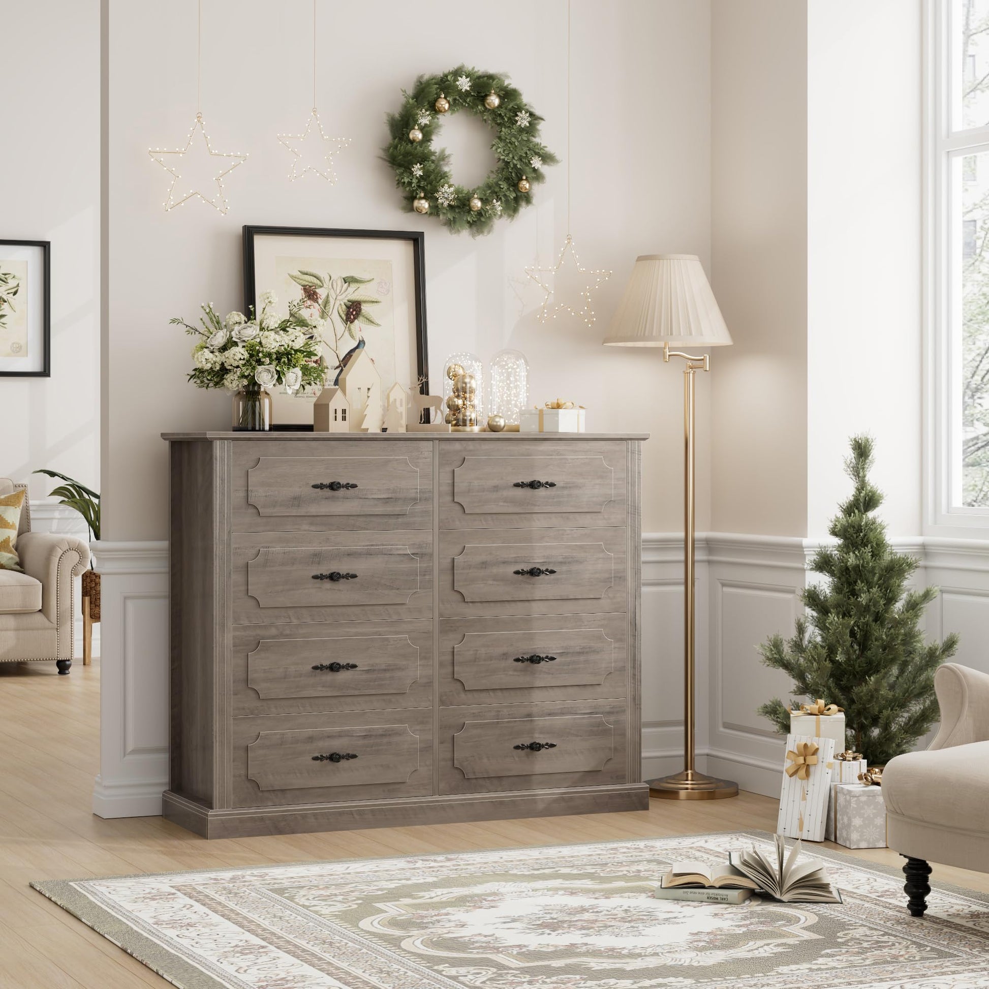 finetones Grey Dresser Chest of Drawers, Farmhouse Dresser Wood Dresser 8 Drawer Dresser with Steel Handles, Modern Dresser Drawers Floor Storage Cabinet for Living Room Hallway Office - WoodArtSupply