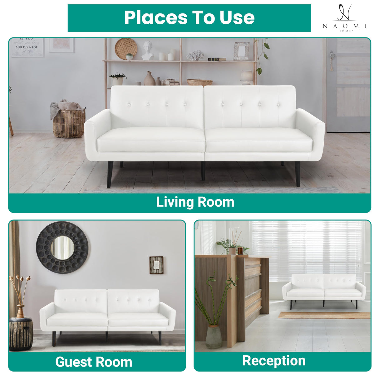 Naomi Home Monica Leather Futon Sofa, Convertible Couch Bed, Split Back Premium air Leather Sleeper Couch Sofa for Living Room, Mid Century Modern Fold Out Couch Bed with Tapered Legs - White Naomi Home