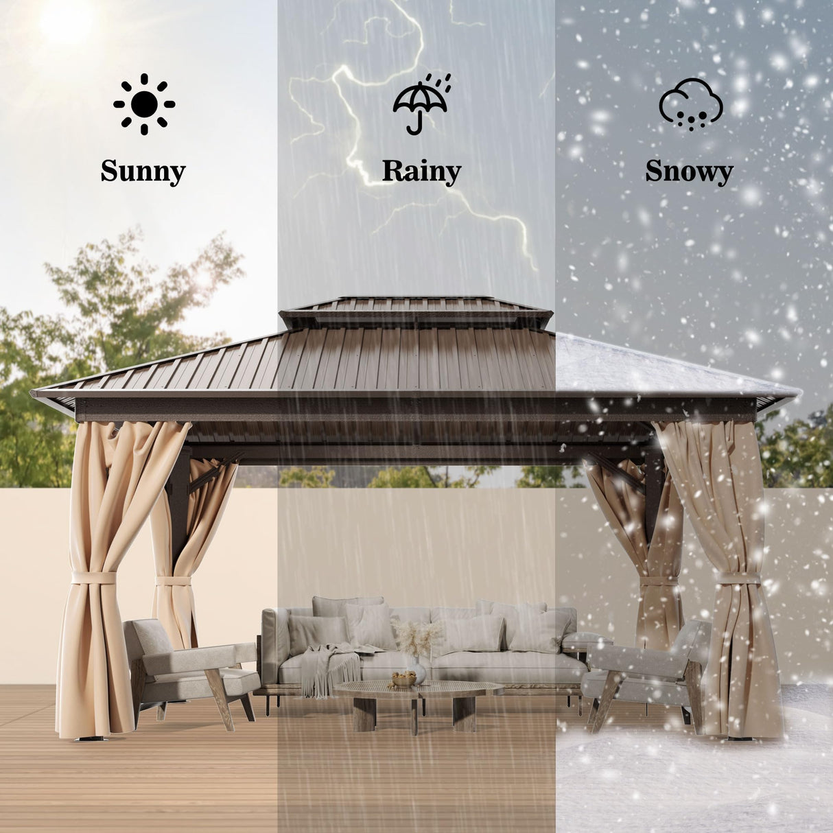 WKM 10x14 FT Hardtop Gazebo with Heavy Duty Galvanized Steel Double Roof, Aluminum Frame Permanent Pavilion with Curtains and Netting, Outside Canopy Gazebo for Patio, Deck and Backyard,Brown WKM